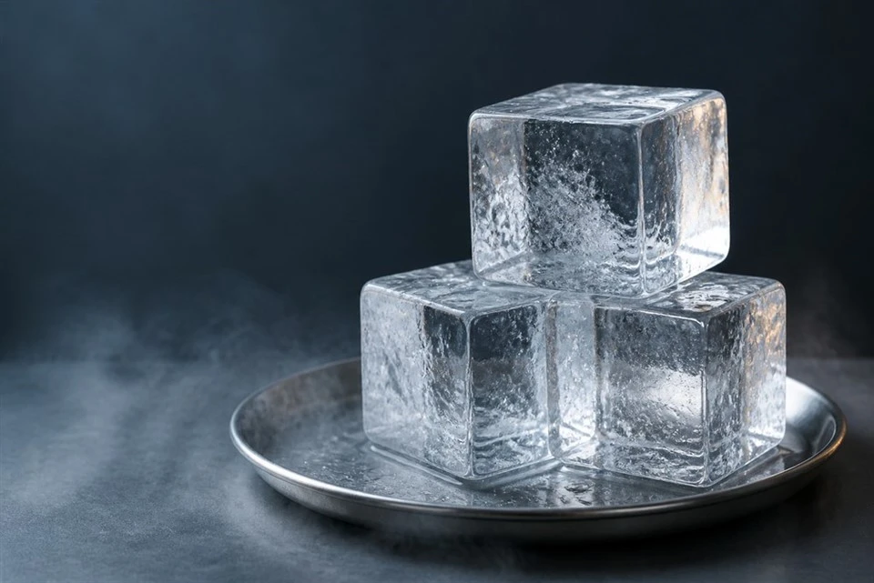 Clear block ice released from a plate freezer