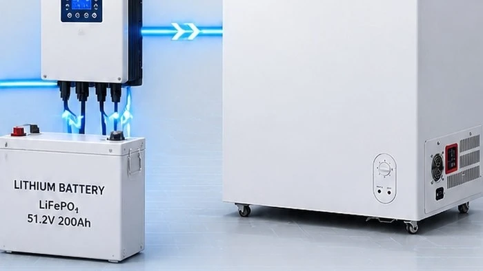 product-1-1 Controller and lithium battery beside the DC solar freezer