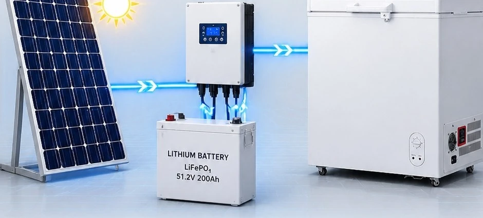 Solar panel, MPPT controller, lithium battery and DC freezer connected as one system