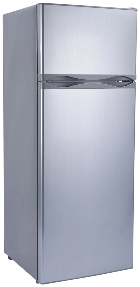BCD-218 solar refrigerator three-quarter view showing the stainless steel doors and the wave shaped handle strip between freezer and fridge
