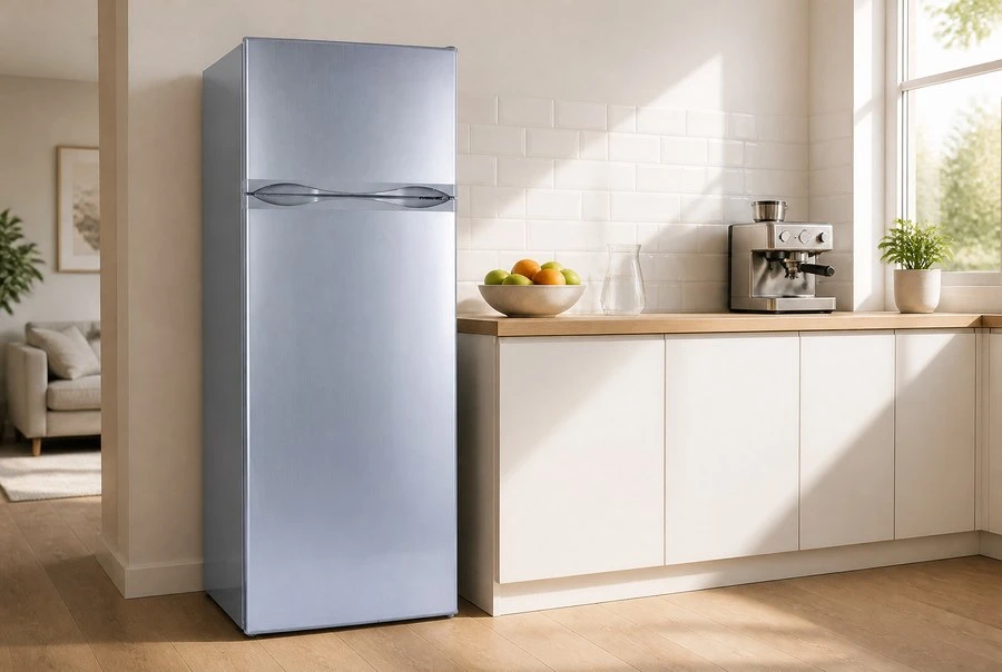 BCD-218 refrigerator standing in a bright modern kitchen beside white cabinets and an oak worktop