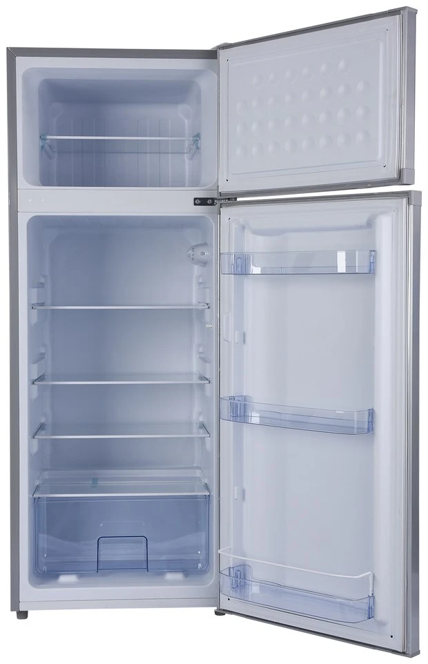 BCD-218 solar refrigerator shown with both doors open, empty, showing the freezer rack, glass shelves and crisper drawer