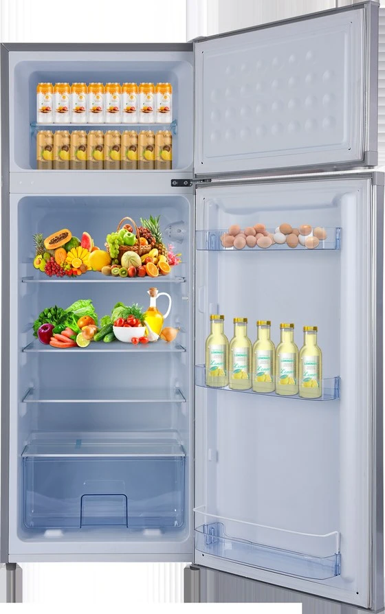 BCD-218 refrigerator loaded with fruit, vegetables, eggs and bottled drinks, doors open