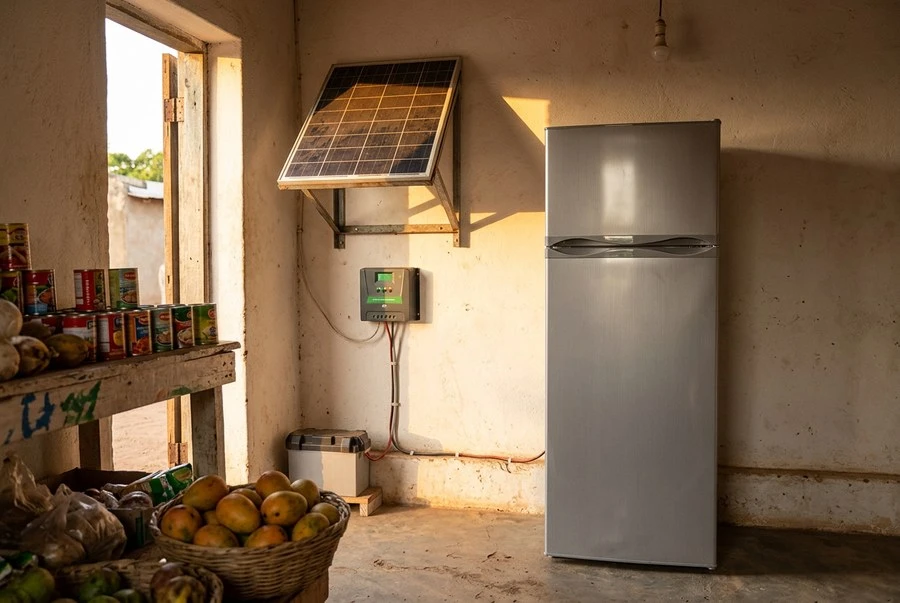 BCD-218 solar refrigerator installed in an off-grid village shop with a wall mounted solar panel, charge controller and battery box connected by cable