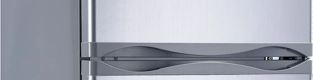 Close-up of the wave shaped handle strip and chrome trim between the two doors