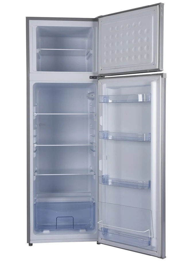 BCD-268 standing solar refrigerator with both doors open showing the freezer rack, glass shelves, crisper and door balconies