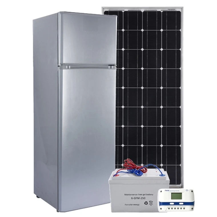 BCD-268 refrigerator with a solar panel, charge controller and battery showing the complete DC system